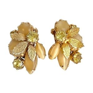 Vintage Moonglow Earrings Yellow Rhinestone Gold Tone Leaves Clip On 60s Mod
